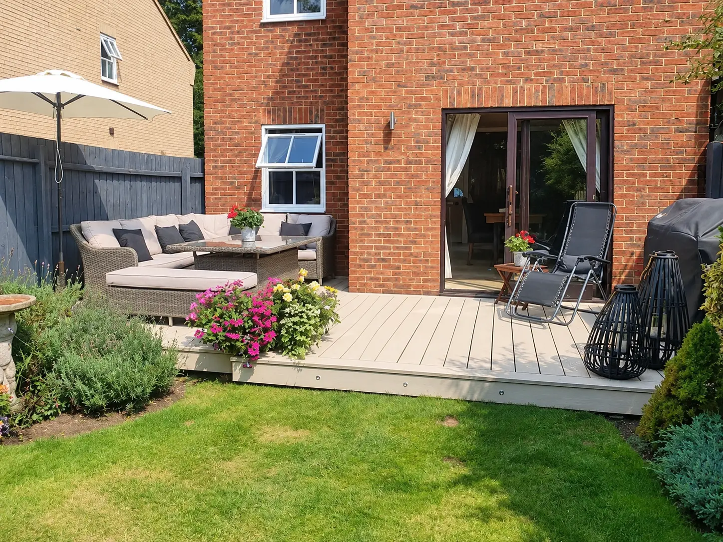 Pale grey composite deck with a corner sofa, parasol and side table behind a red brick house