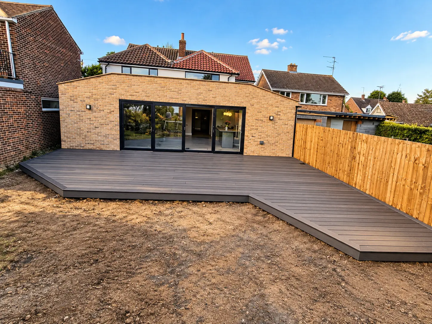 Charcoal composite deck laid in front of a modern brick garden extension with anthracite sliding doors