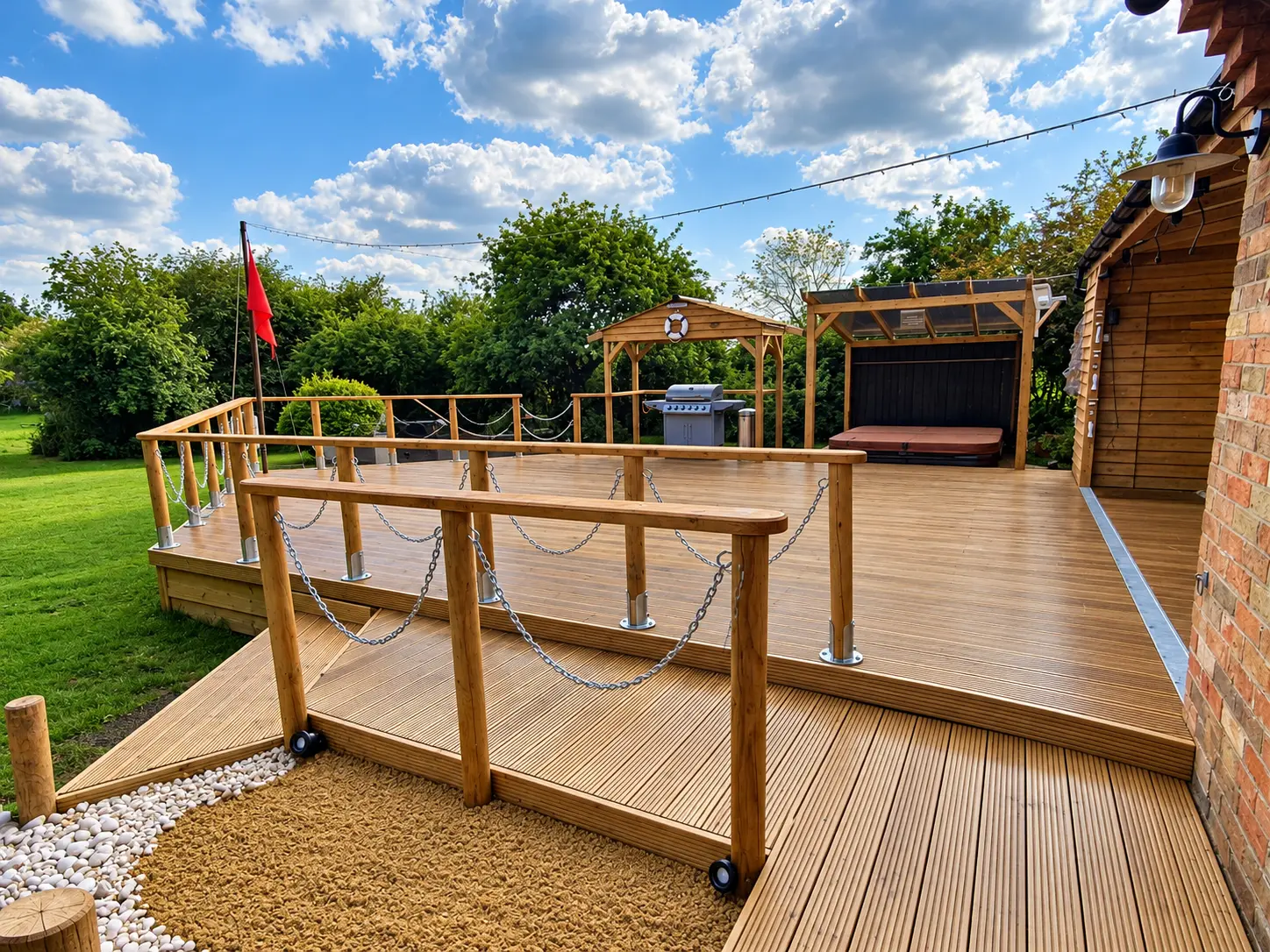 Wide timber deck with a pergola beside a swimming pool and lawn